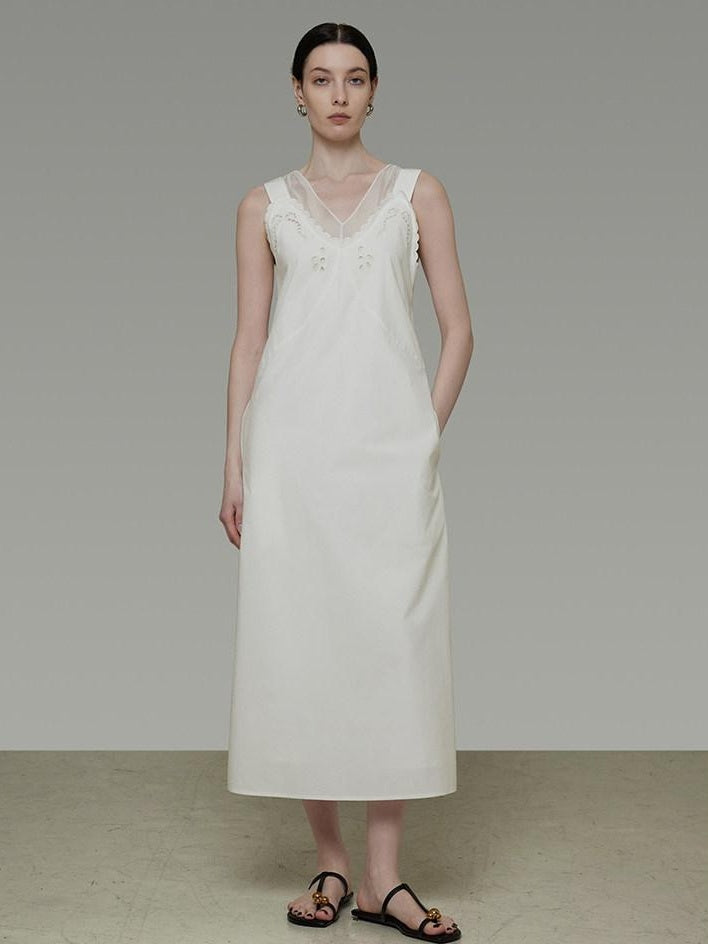 unspoken Soft 100 Percent Cotton Crochet V-neck Sleeveless Office White Maxi Dresses