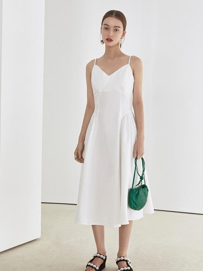 fano 100 Percent Cotton Minimalist Commuter Loose Waist V-neck Camisole Maxi Dresses