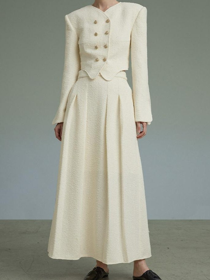unspoken Original Design Double Breasted Cream Straight Fit Long Sleeve Top & Skirt Sets