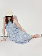 fano 100 Percent Cotton Sleeveless A Line Korean Commuter Women Blue Maxi Dresses