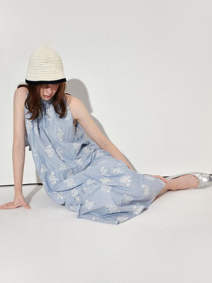 fano 100 Percent Cotton Sleeveless A Line Korean Commuter Women Blue Maxi Dresses