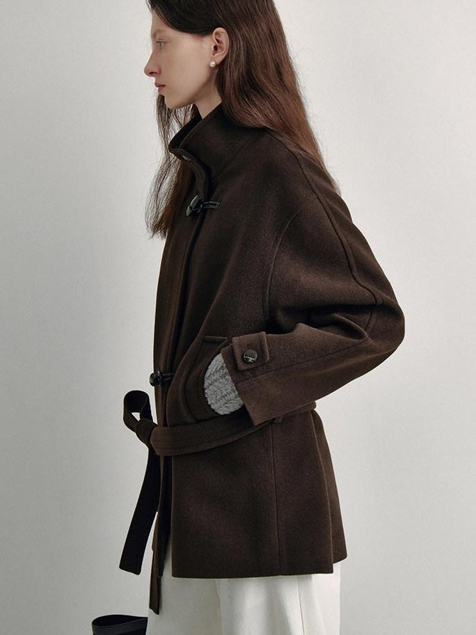 fano Minimal Commuter Straight Midlength Stand Collar Pocket Toggle Women Short Coat