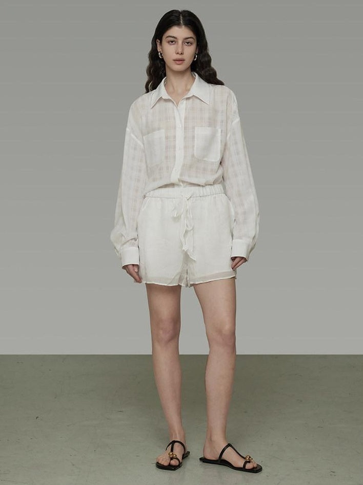 unspoken Pure Ramie Tie Waist Straight Leg Minimal Workwear Women White Mid-Length Shorts