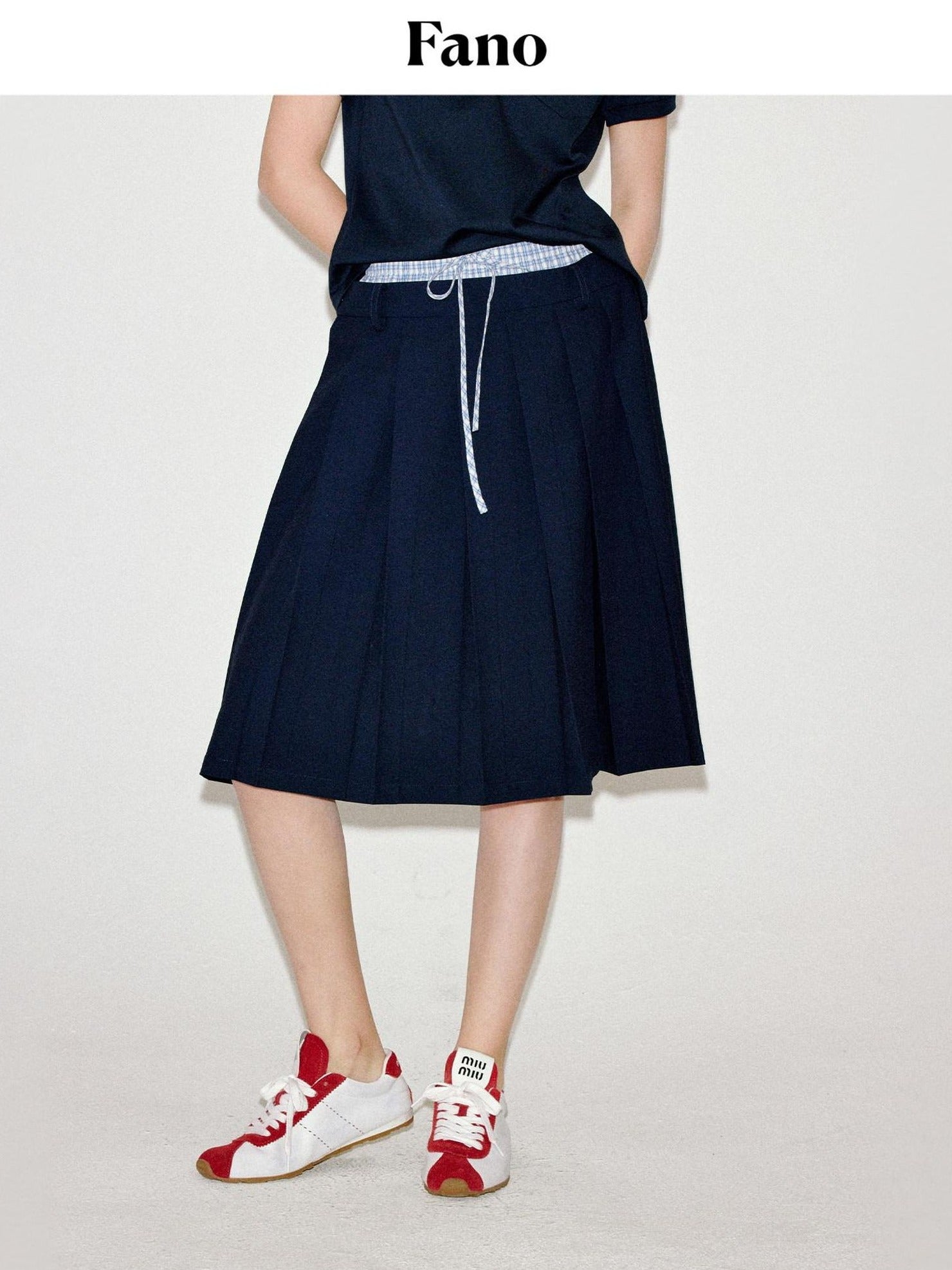 fano Classic Pleated Mid Waist Korean Office Navy Polyester Rayon Midi Skirts