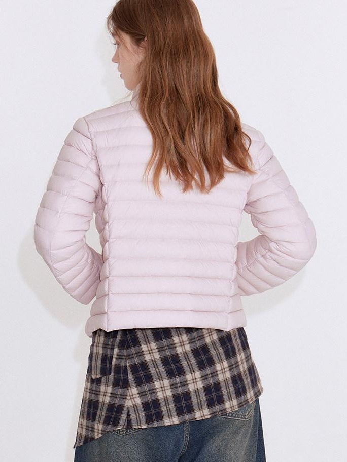 fano 90% White Duck Down Warm Slim Short Stand Collar Zipper Pink Down Jackets