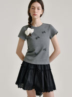 fano Soft Cotton Spandex Korean Patchwork Slim Womens Bow Neck Short Sleeve T-Shirts