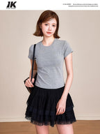 ikyou Pure Cotton Embroidered Slim Fit Short Sleeve Crew Neck Casual Basic Crop Tops