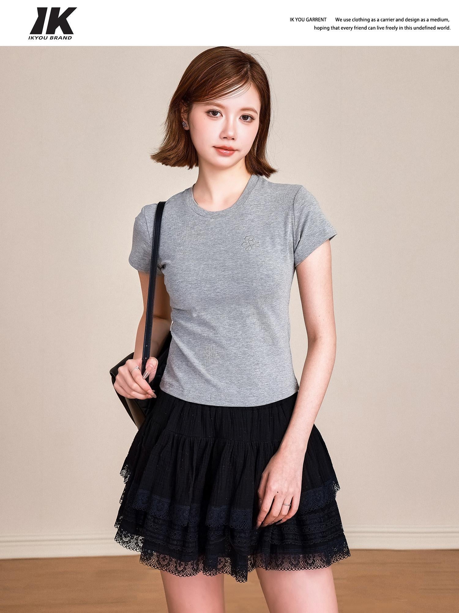 ikyou Pure Cotton Embroidered Slim Fit Short Sleeve Crew Neck Casual Basic Crop Tops