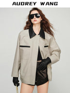 audreyyang Lightweight Casual Long Sleeve Women Nylon Cotton Light Gray Bomber Jackets