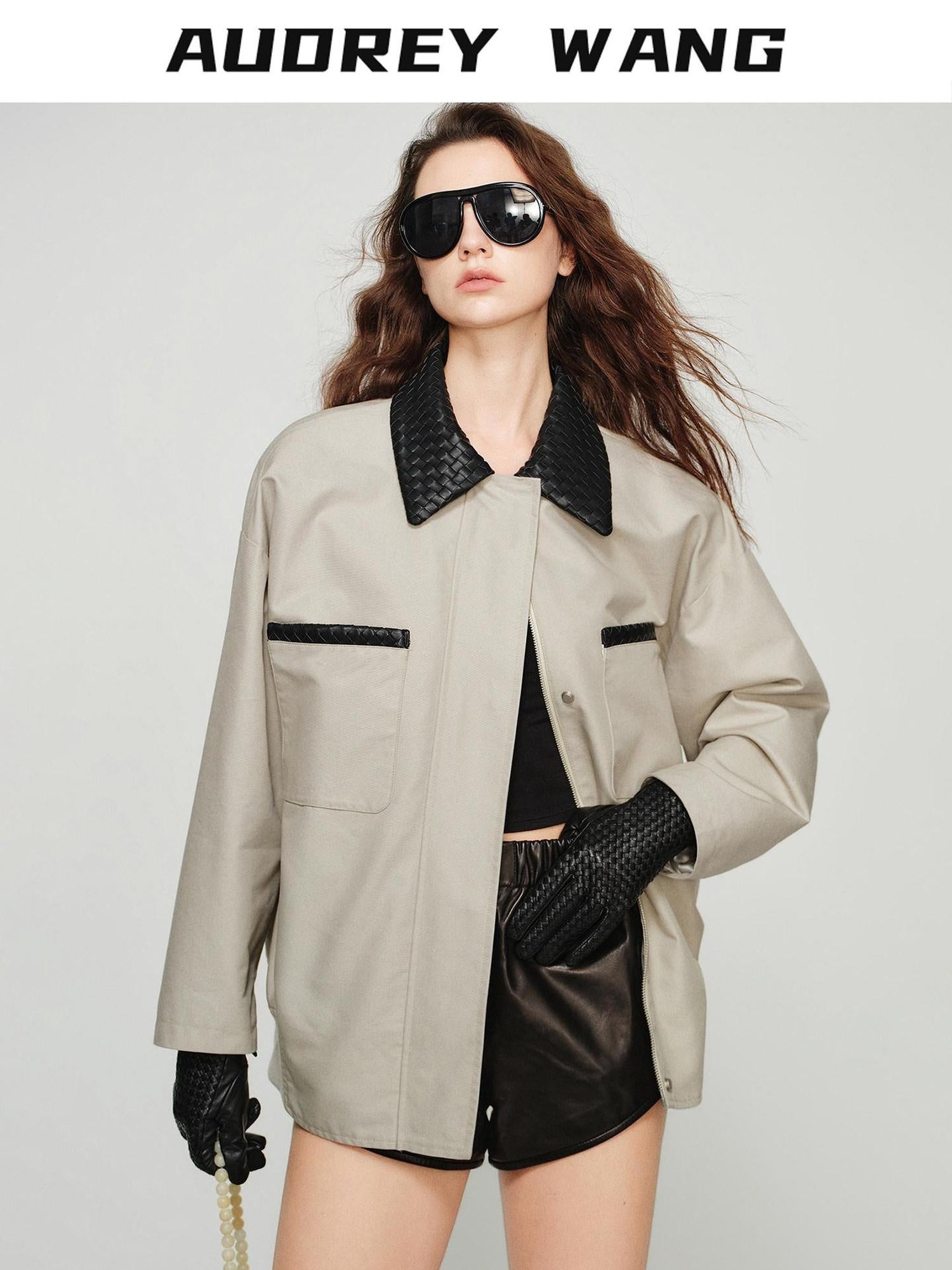 audreyyang Lightweight Casual Long Sleeve Women Nylon Cotton Light Gray Bomber Jackets