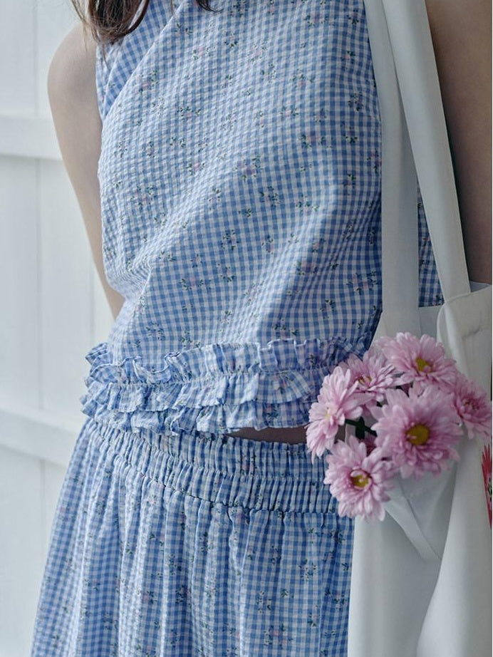fano 100 Percent Cotton Floral Gingham Ruffle Straight Fit Off Shoulder Crop Tops