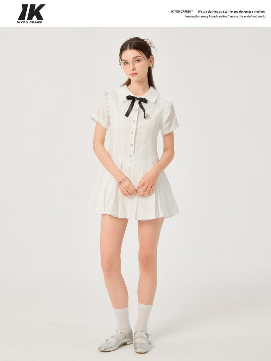 ikyou Pure Cotton Cinched Waist Minimal A Line Short Sleeve White Women Midi Dresses