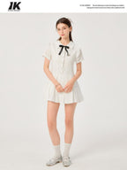 ikyou Pure Cotton Cinched Waist Minimal A Line Short Sleeve White Women Midi Dresses