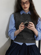 Lofi choose Soft Crewneck Knit Vest Commuter Office Wear Solid Dark Gray Sweaters