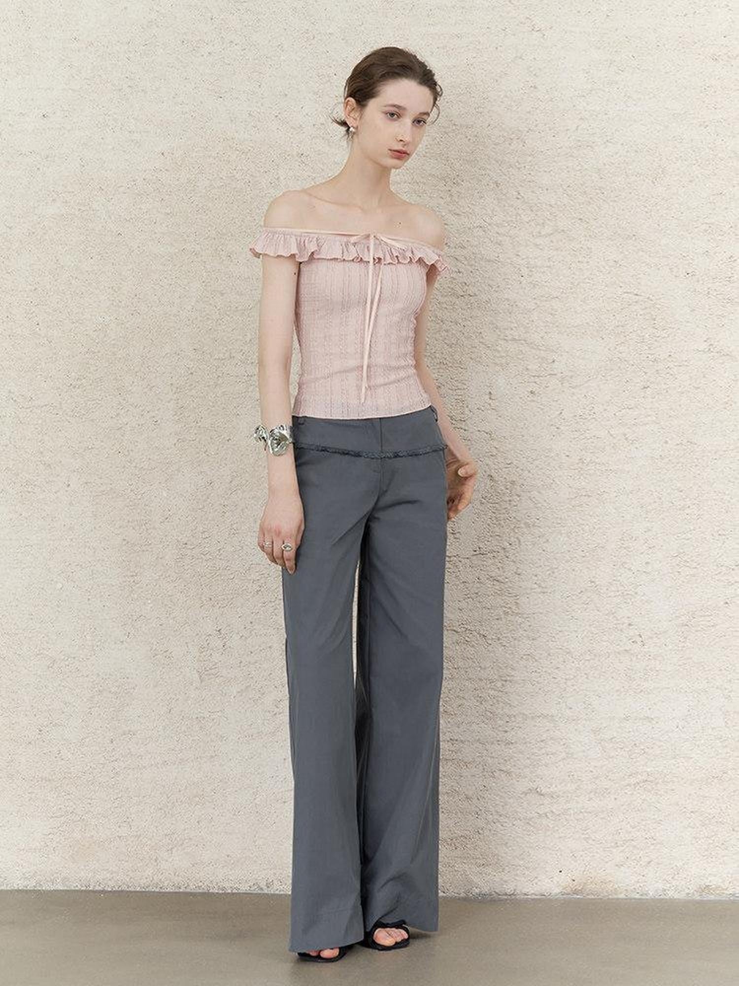 someonesometimes Lace Tie Slim Fit Short Solid Mauve Cream Daily Chic Off Shoulder Crop Tops