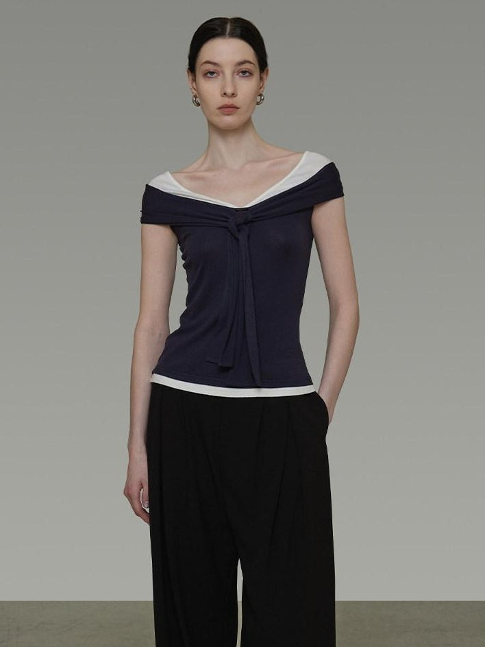 unspoken Viscose Blend Contrast Slim Fit Commuter Women Bardot Off Shoulder Crop Tops