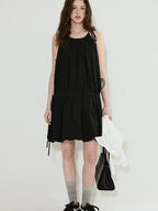 fano Soft Viscose Blend Korean Office A Line Sleeveless Black Midi Dresses