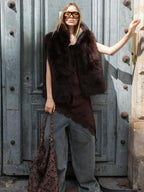 audreyyang Warm Reversible Faux Fur Stand Collar Sleeveless Relaxed Olive Short Coat
