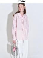 fano Shape Retention Lyocell Blend Korean Work Loose Turn Collar Pink Women Blouses