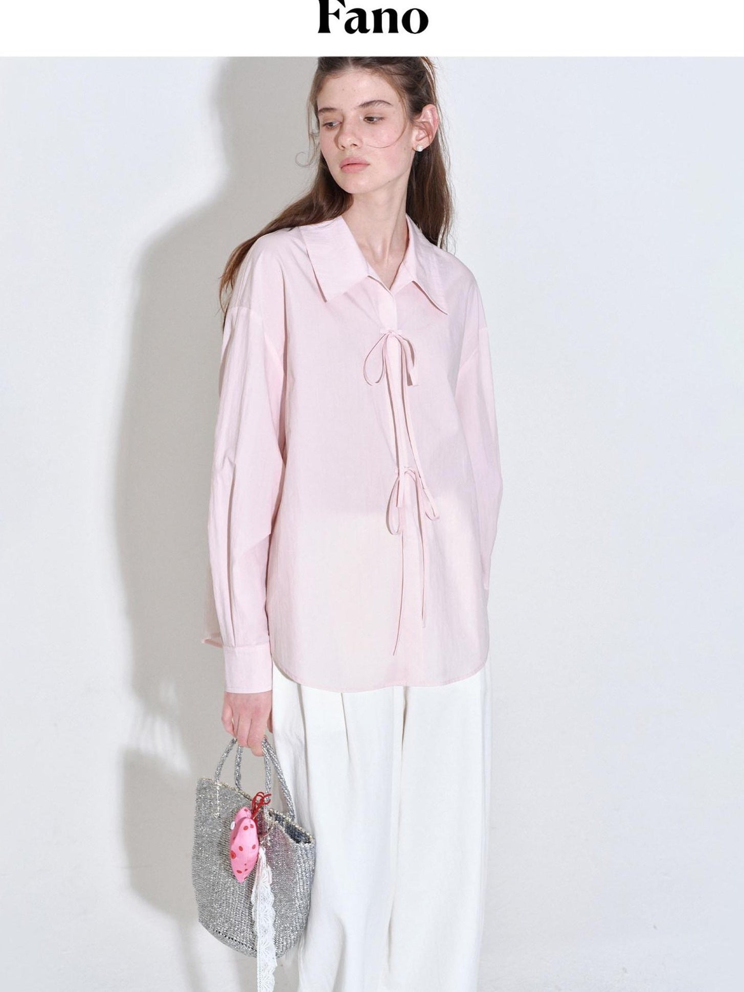 fano Shape Retention Lyocell Blend Korean Work Loose Turn Collar Pink Women Blouses