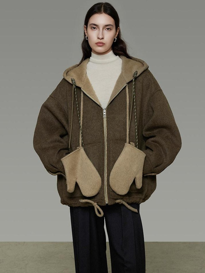 unspoken Premium Sheepswool Minimal Commuter Loose Fit Hooded Zip For Women Wool Coats