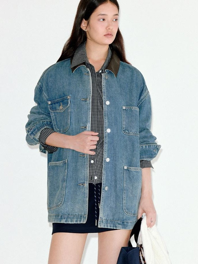fano Patchwork Washed Blue Loose Fit Casual Cotton Women Button Front Denim Jackets