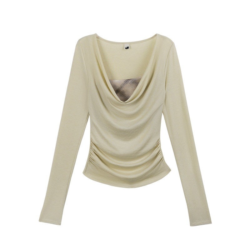someonesometimes Lyocell Stretch Casual Slim Fit Plaid Scoop Neck Women Pear Long Sleeve T-Shirts