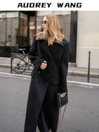 audreyyang 100% Sheep Wool Double Breasted Midlength Straight Women Black Wool Coats
