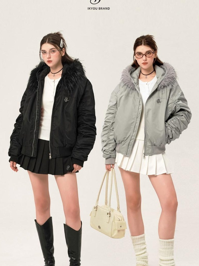 ikyou Insulated Fur Trim Hood Minimalist Straight Cut Urban Warm Nylon Puffer Jackets