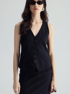audreyyang Padded V-neck Striped Cropped Commuter Strap Women Black Single Button Vests