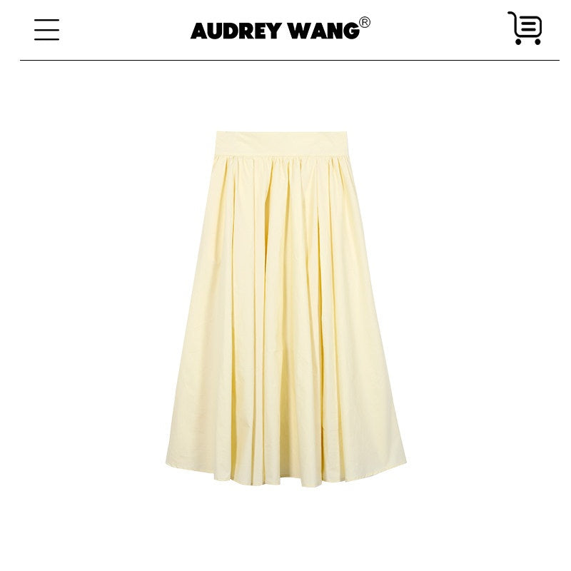 audreyyang_100%_Cotton_Lined_Pleated_H_Line_Mid_Waist_Bright_Yellow_Midi_Skirts_MISSTT