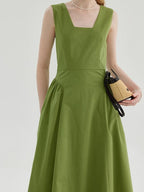 fano Cotton High Waist Pleated Minimal A Line Square Neck Women Maxi Dresses