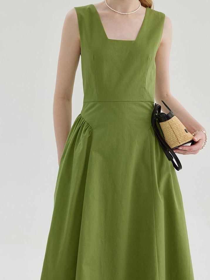 fano Cotton High Waist Pleated Minimal A Line Square Neck Women Maxi Dresses