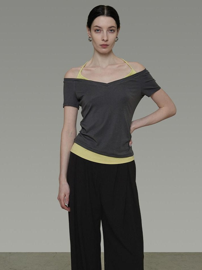 unspoken Moisture Wicking Lyocell Slim V-neck Patchwork Grey Green Halter Crop Tops