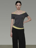 unspoken Moisture Wicking Lyocell Slim V-neck Patchwork Grey Green Halter Crop Tops
