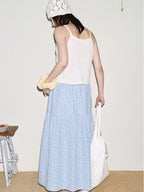 fano Lined 100% Cotton A Line Mid Waist Loose Fit Women Floral Blue Check Maxi Skirts