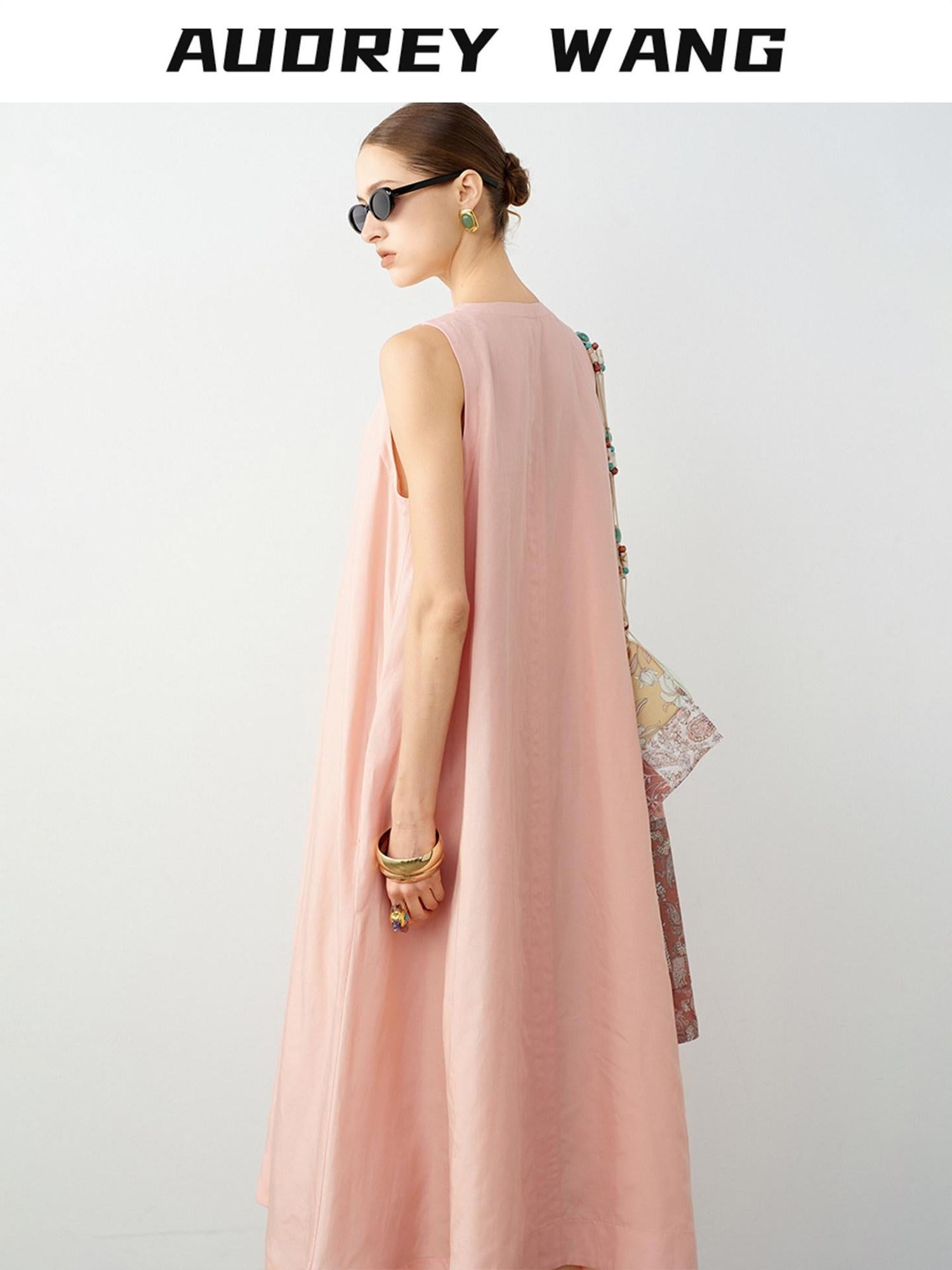 audreyyang Linen Blend V-neck Sleeveless A Line Casual Pink Maxi Dresses