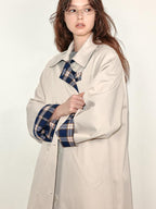 fano Loose Fit Korean Casual Long Beige Plaid Single Breasted Trench Coats