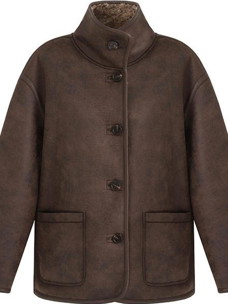 fano Reversible Vintage Straight Stand Collar Women Coffee Brown Short Coat