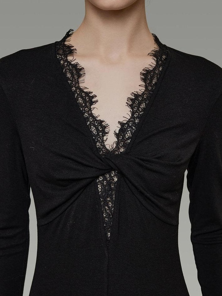 unspoken Lyocell Knit Lace Trim Fitted Waist Minimal Commuter V-neck Maxi Dresses