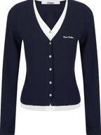 fano Embroidered Letter Slim V-neck Button For Teen Girls Navy Knit Cardigans