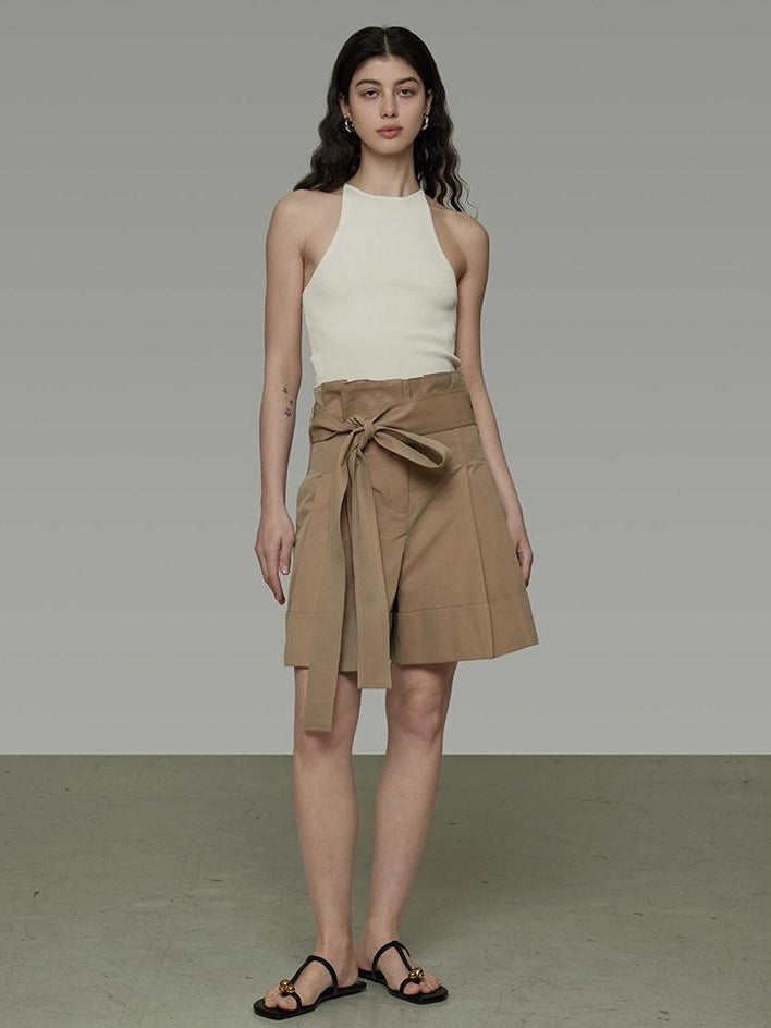 unspoken High Waist Drawstring Minimalist Workwear Cotton Blend Khaki Mid-Length Shorts