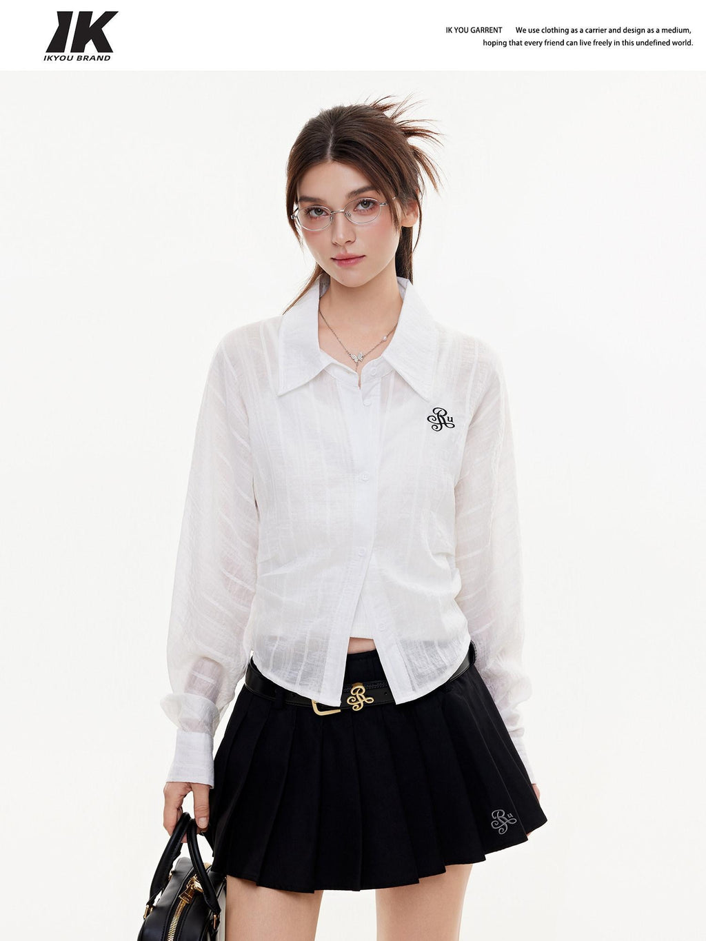 ikyou Breathable Lyocell Embroidered Slim Lapel Cardigan Short Work Women Shirts