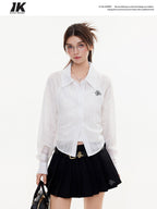 ikyou Breathable Lyocell Embroidered Slim Lapel Cardigan Short Work Women Shirts