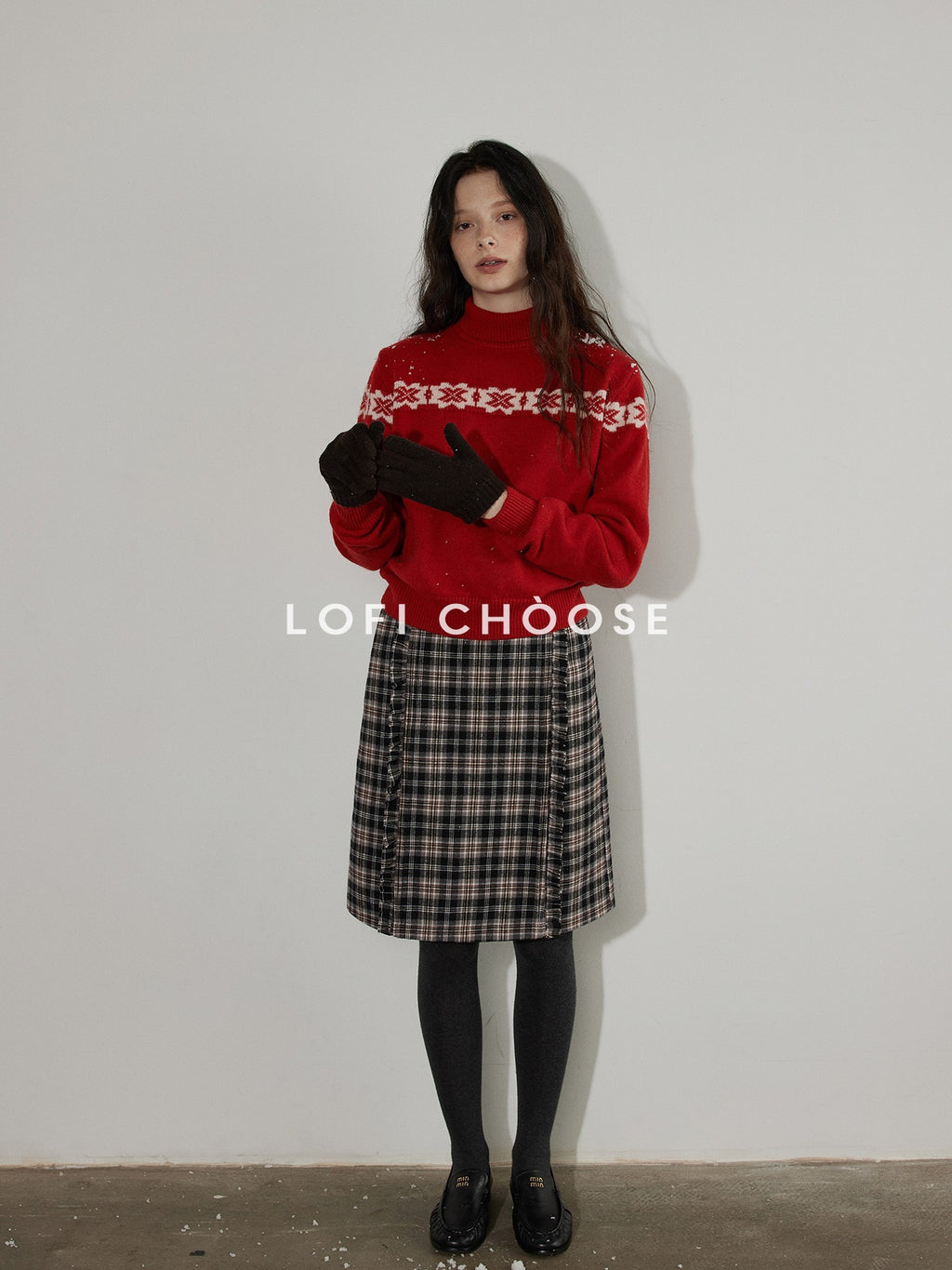 Lofi choose Cozy Wool Knit Office Loose Fit Mock Neck Long Sleeve Red Sweaters