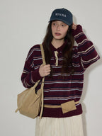Lofi choose Cozy Colorblock Collared Oversized Striped Button Knit Pullover Women Sweaters