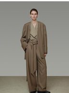 unspoken Minimal Slim Tailored Blazer High Waist Long Pants Women Brown Top & Pants Sets