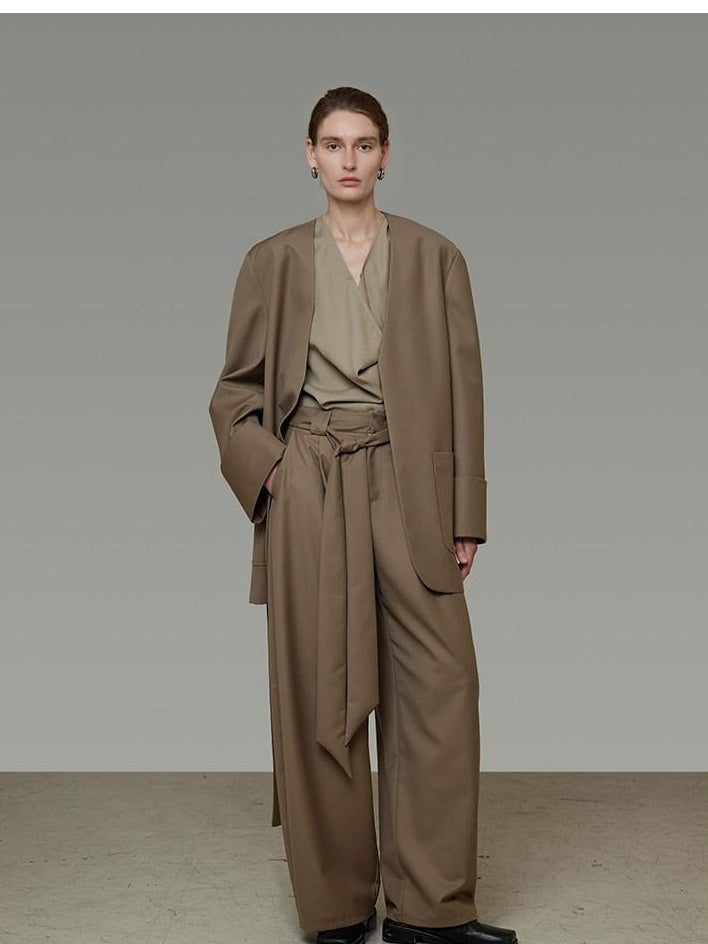 unspoken Minimal Slim Tailored Blazer High Waist Long Pants Women Brown Top & Pants Sets