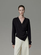 unspoken Soft Asymmetrical Loose Women V-neck Long Sleeve Black Blouses