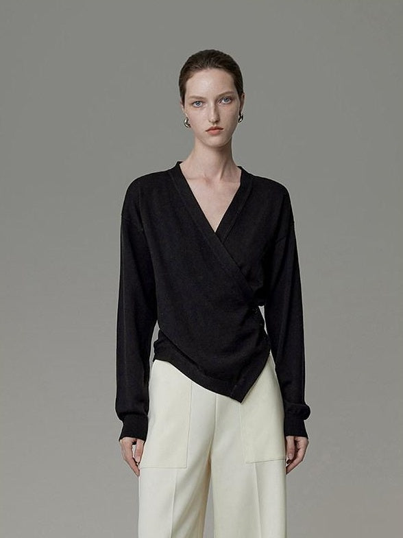 unspoken Soft Asymmetrical Loose Women V-neck Long Sleeve Black Blouses